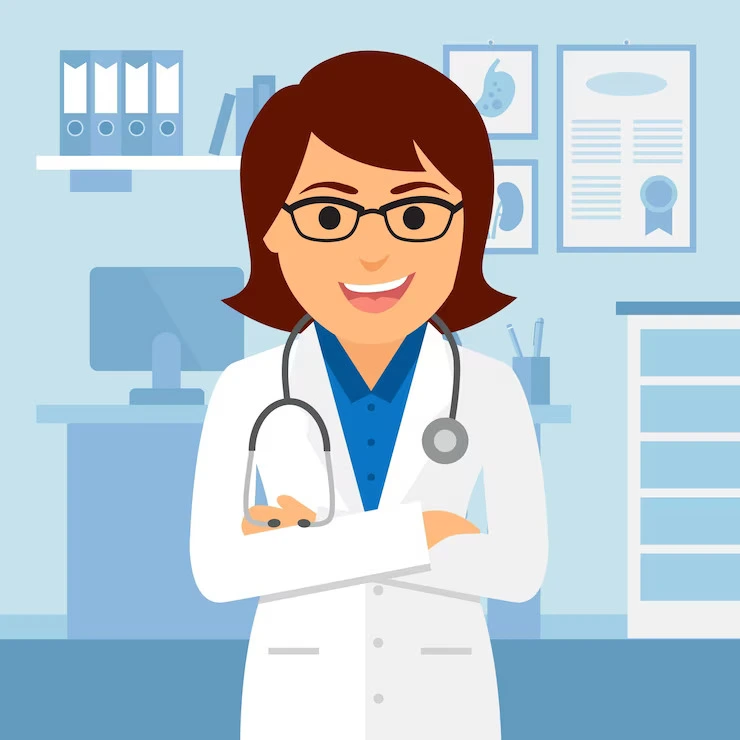Female doctor cartoon illustration representing medical specialist offering patient care and consultation services